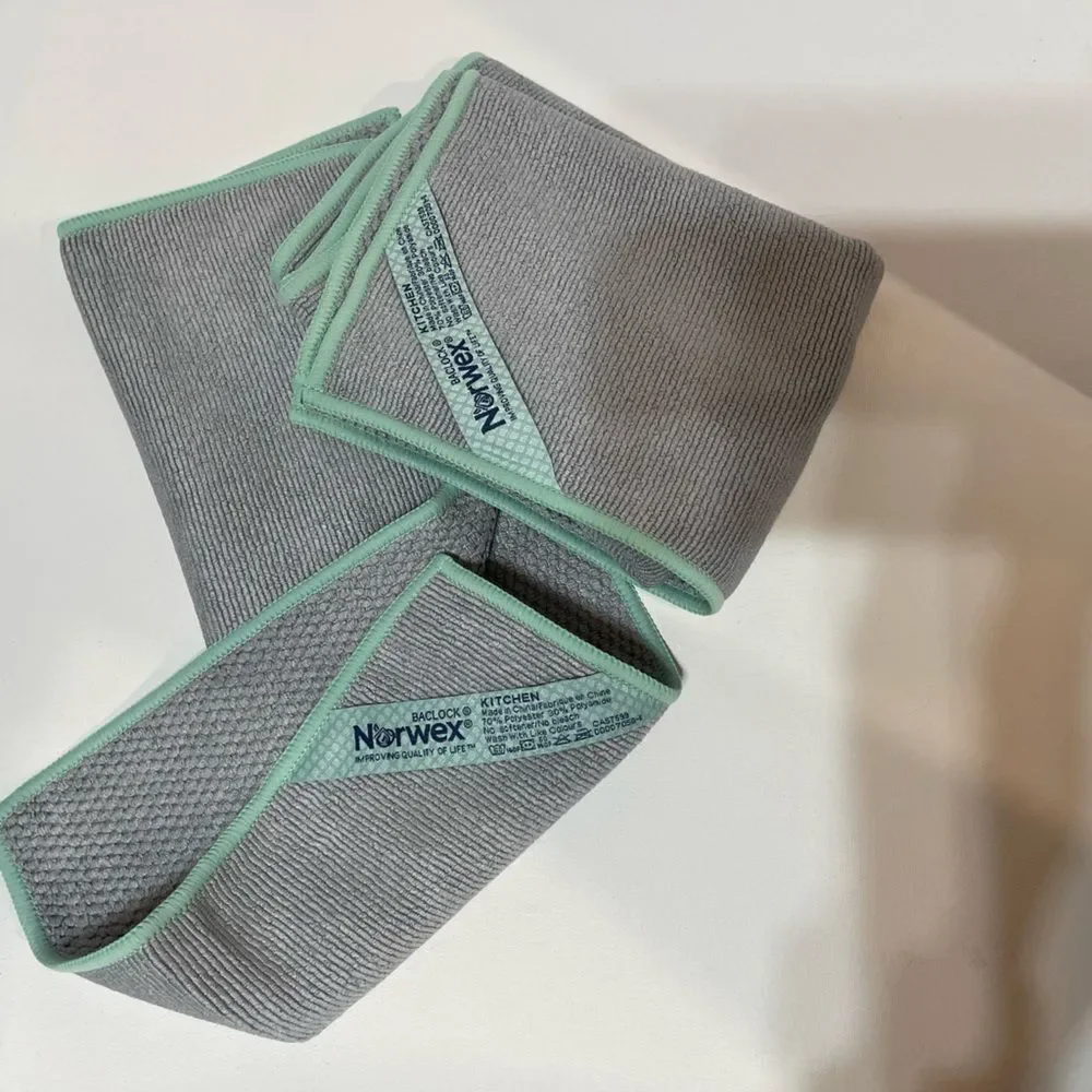 Norwex Kitchen Towel and Kitchen Cloth set of 2 Graphite with Sea Mist trim NWOT
